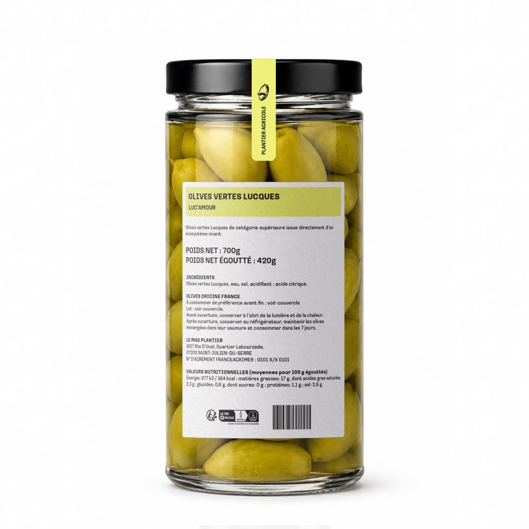 Dos du bocal d'olives vertes Lucques Mas Plantier : ingrédients et valeurs nutritionnelles