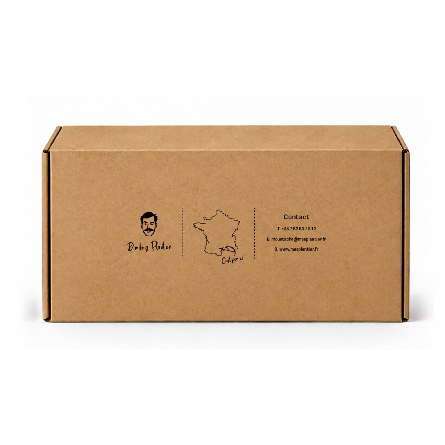 Dessous du coffret cadeau MAS PLANTIER avec les coordonnées de contact