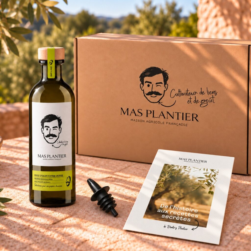 Coffret cadeau Fruité Vert MAS PLANTIER : bouteille d'huile d'olive, bec verseur et livre de recettes devant le coffret kraft