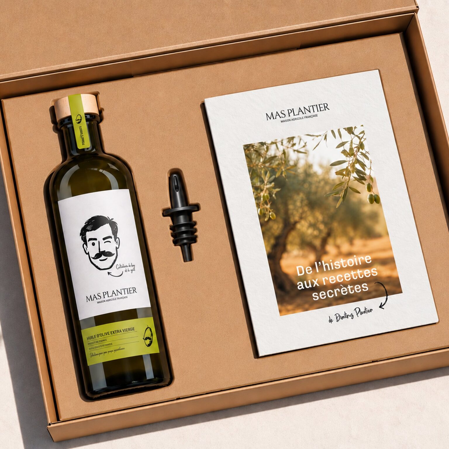 Coffret cadeau Fruité Vert ouvert : bouteille d'huile d'olive, bec verseur et livre de recettes dans leur calage