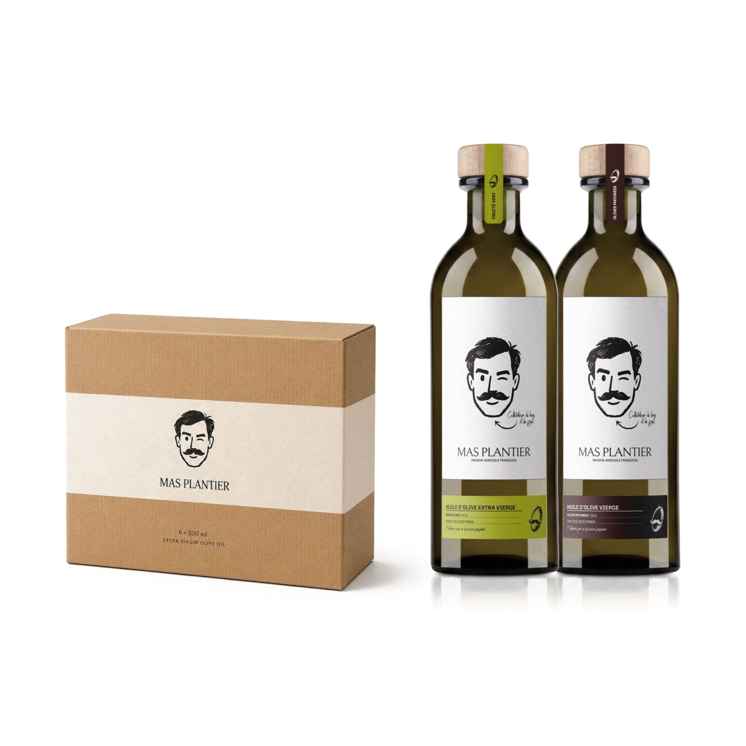 Coffret cadeau Mas Plantier : carton d'expédition et deux bouteilles d'huile d'olive Fruité Vert et Fruité Maturé