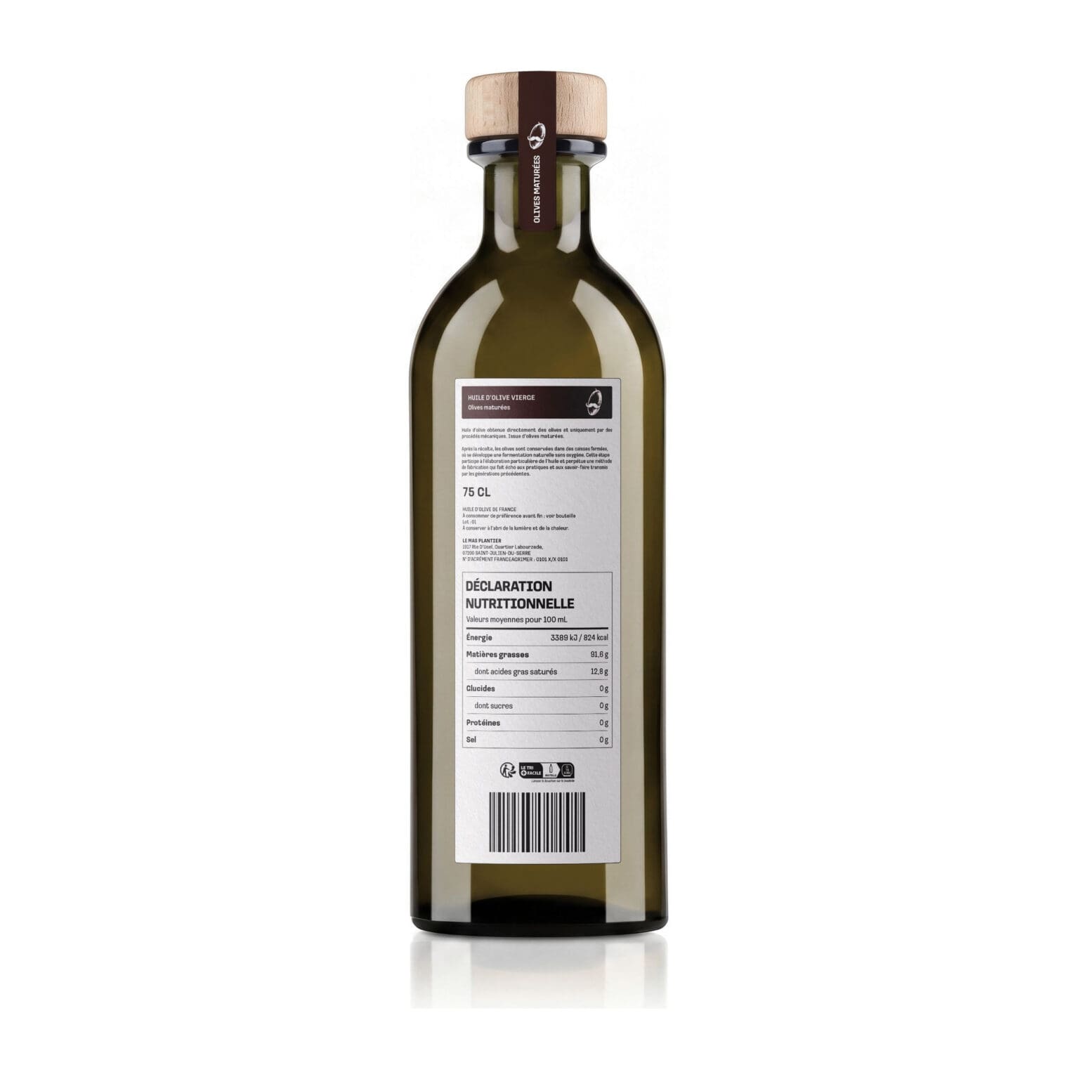 Dos de la bouteille Fruité Maturé : déclaration nutritionnelle et mentions légales