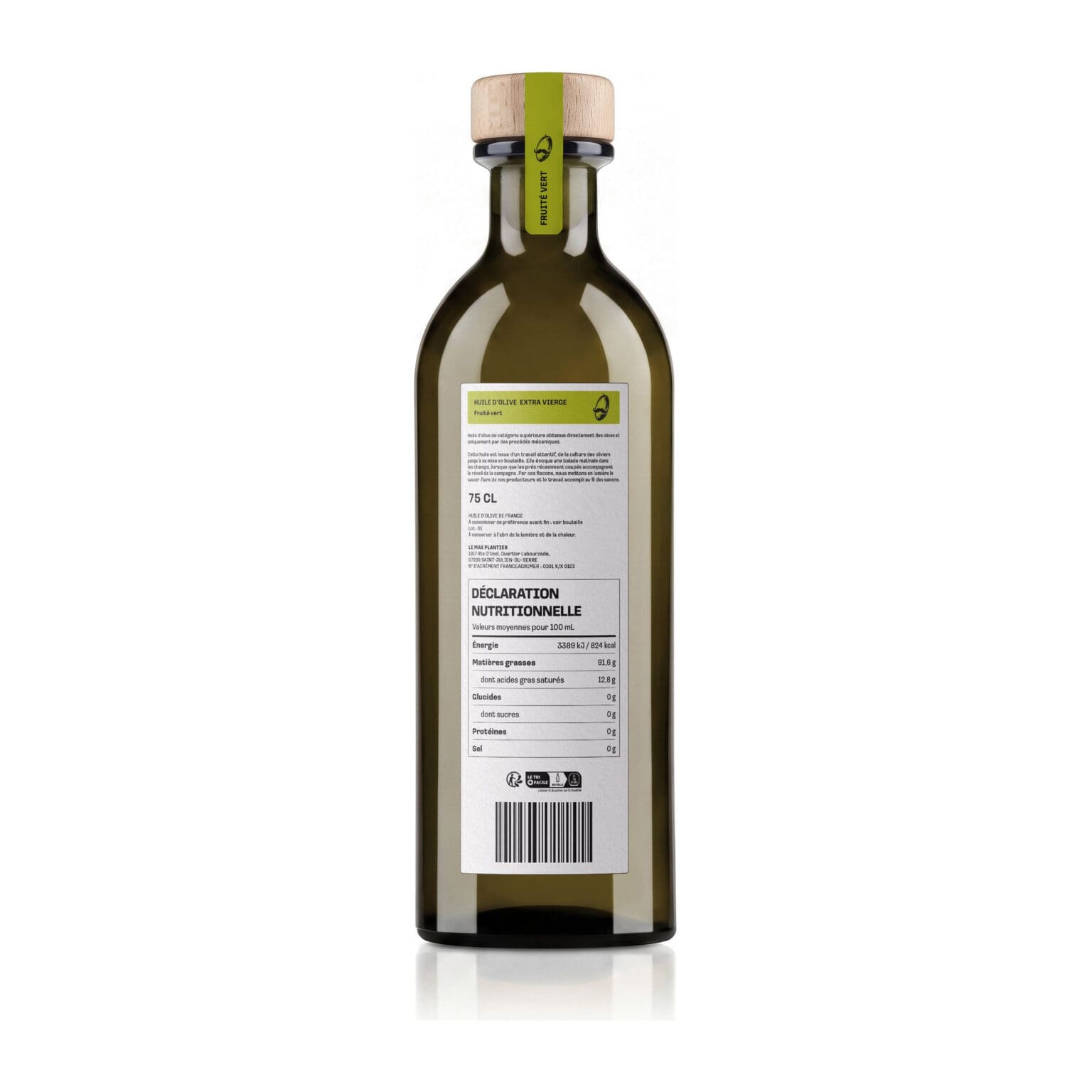 Dos de la bouteille Fruité Vert : déclaration nutritionnelle et mentions légales